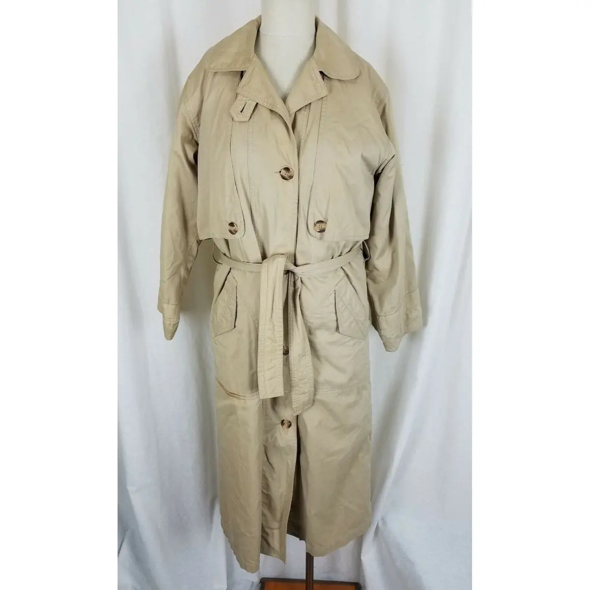 Vintage Eddie Bauer Canvas Long Safari Flannel Lined Trench Coat Womens S Khaki 1