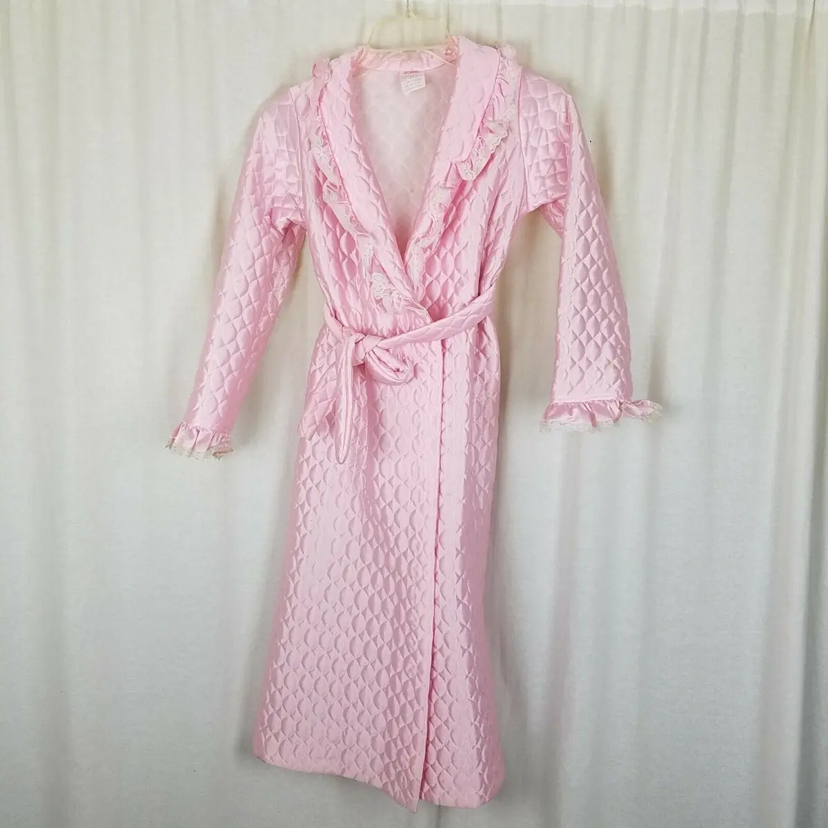 Vintage 1970S Bees & Jam Bubblegum Pink Lace Quilted Tie Sash Bath Robe Girls 8 1