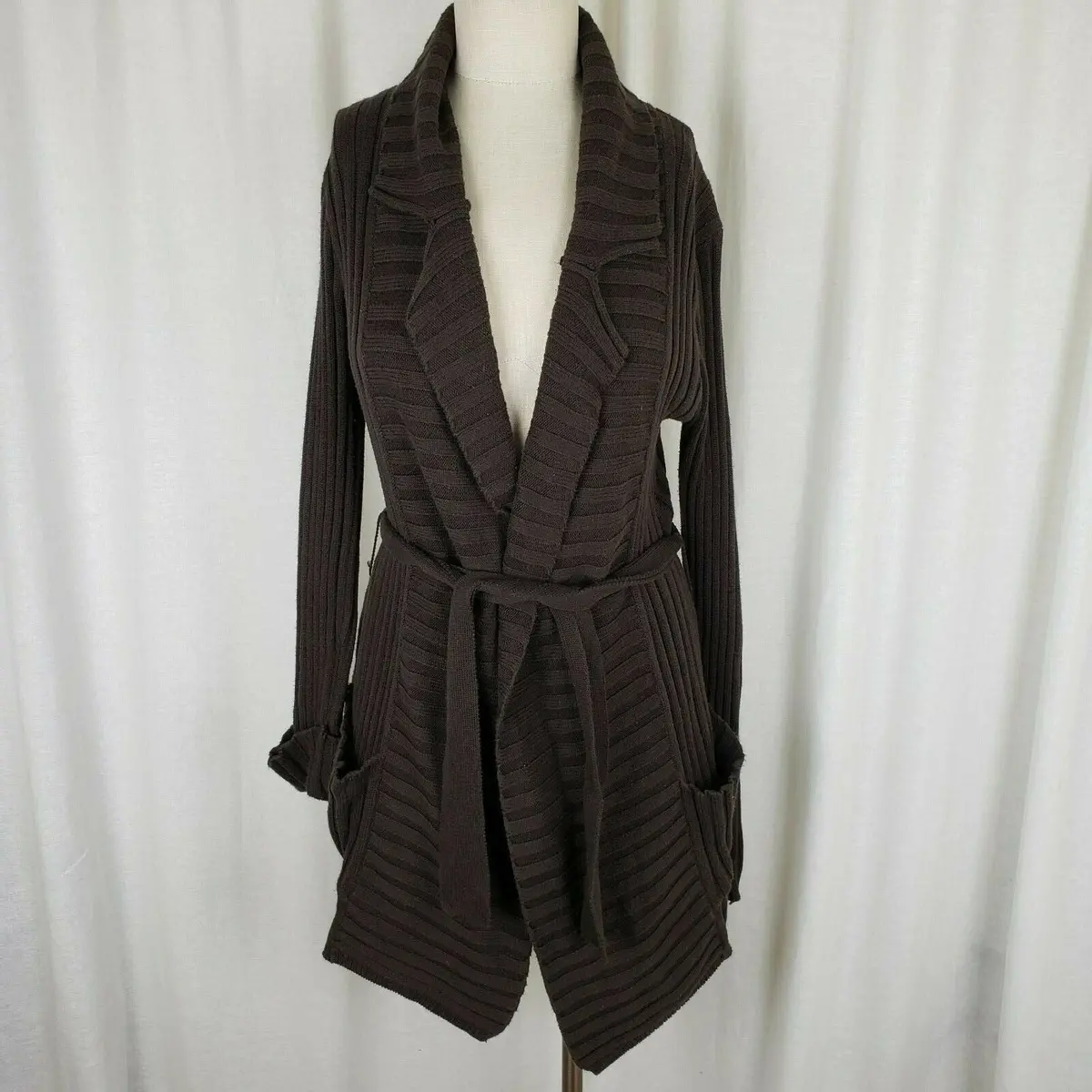 Coolwear Long Tie Sash Open Front Wrap Ribbed Cardigan Sweater Jacket Womens L 1