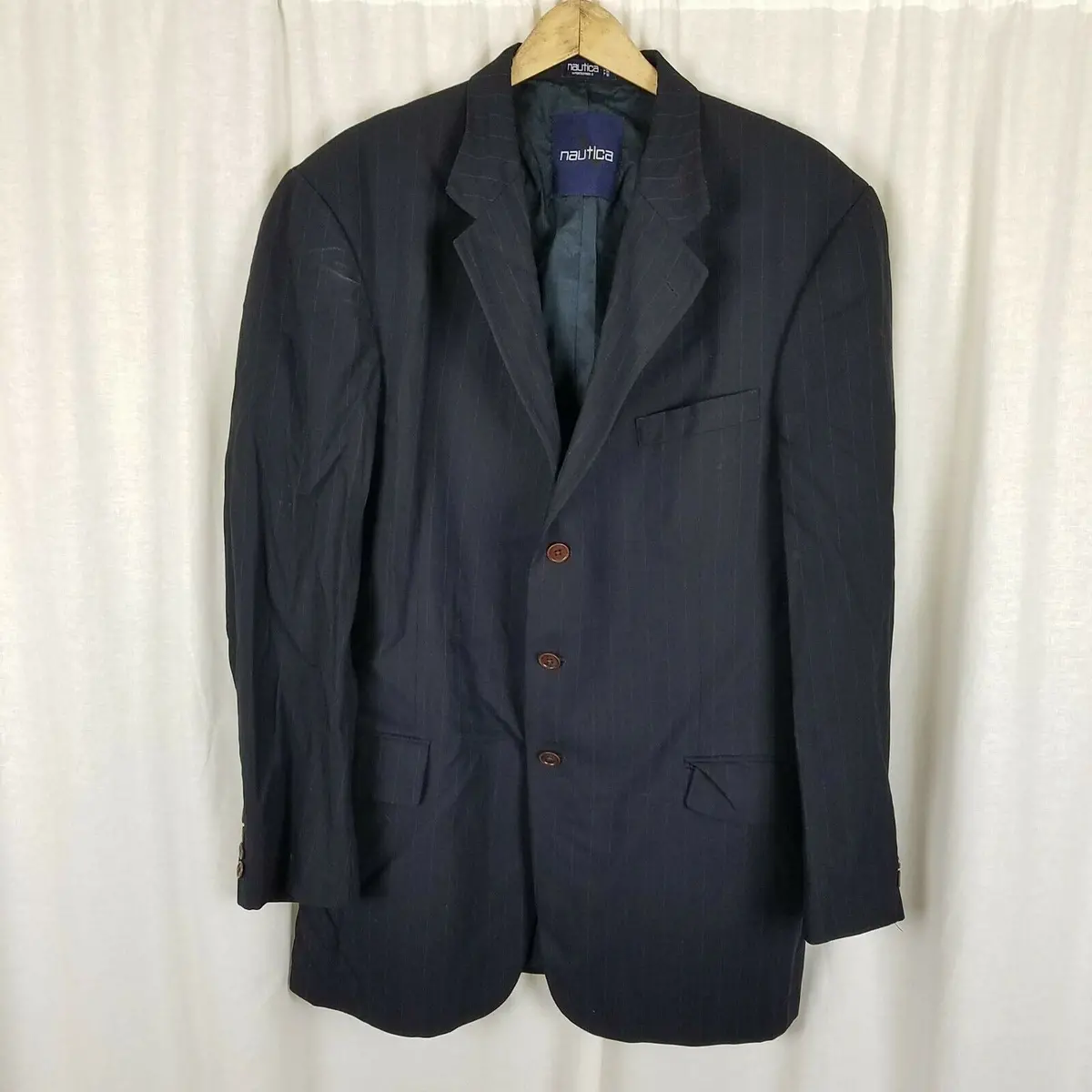 Vintage Nautica Navy Pinstripe 3 Button Wool Sportcoat Jacket Blazer Mens 43L 1