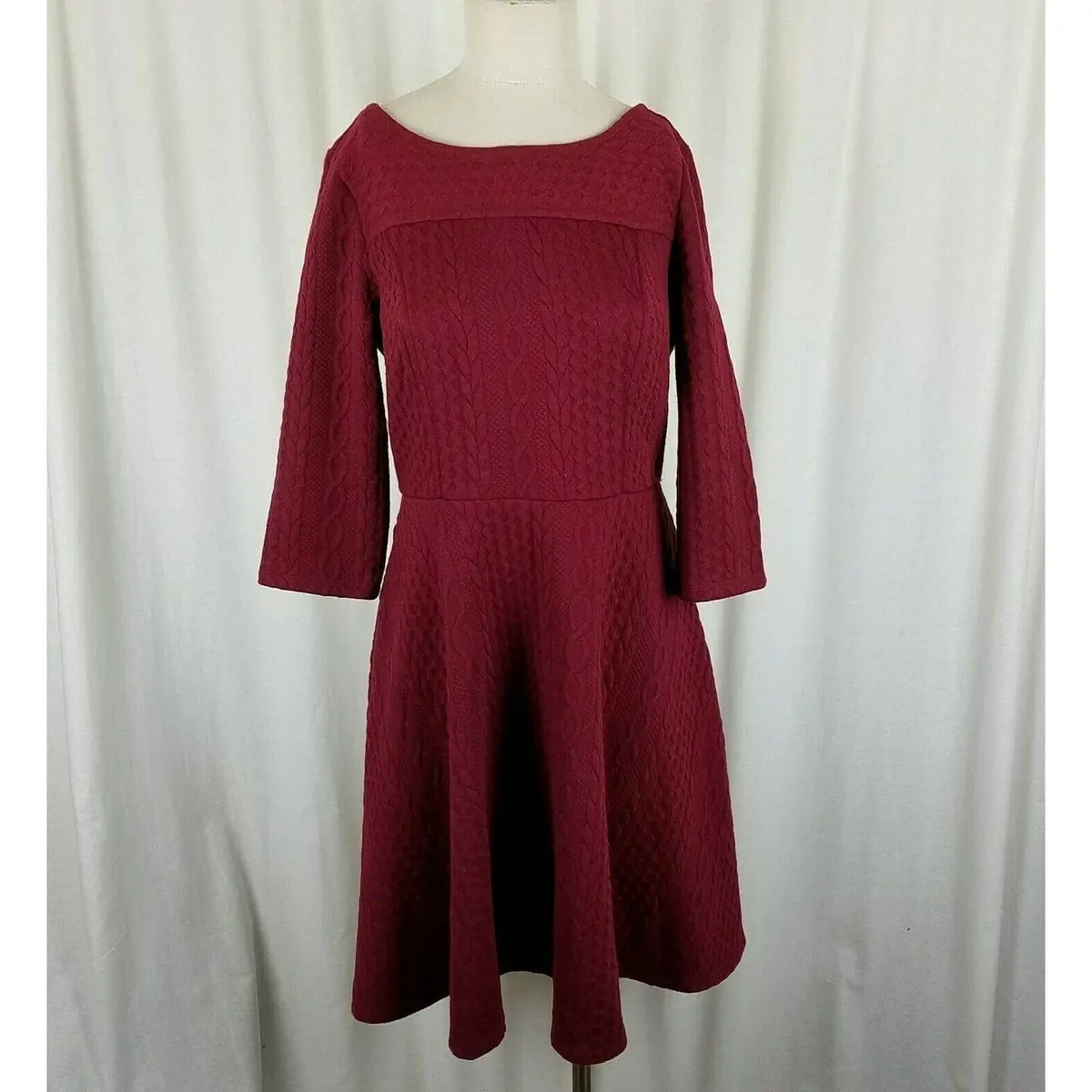 Modcloth Cable Jersey Knit Fit & Flare Twirl Dress Womens L Red Stretch Scoop 1