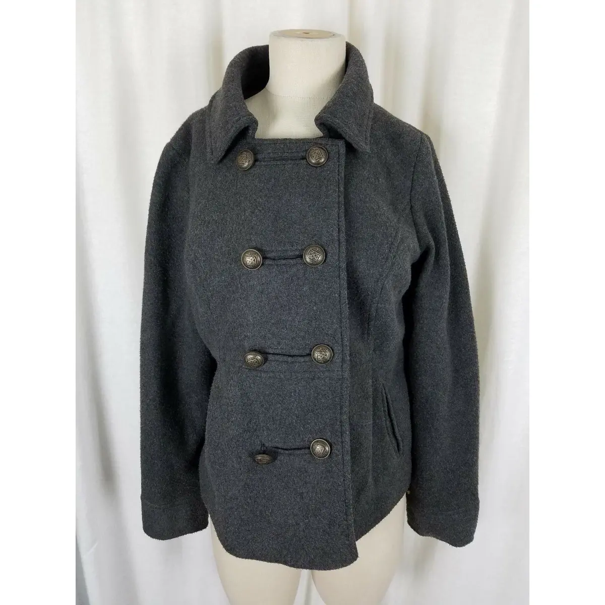 Amelia By Becool Wool Charcoal Military Double Breasted Peacoat Jacket Womens L 1
