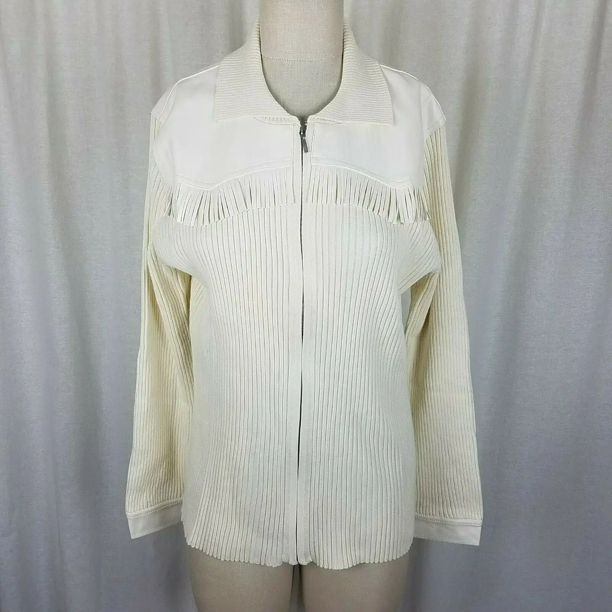 Grand Ole Opry Zip Front Ribbed Cardigan Sweater Faux Leather Fringe Womens 1X 1