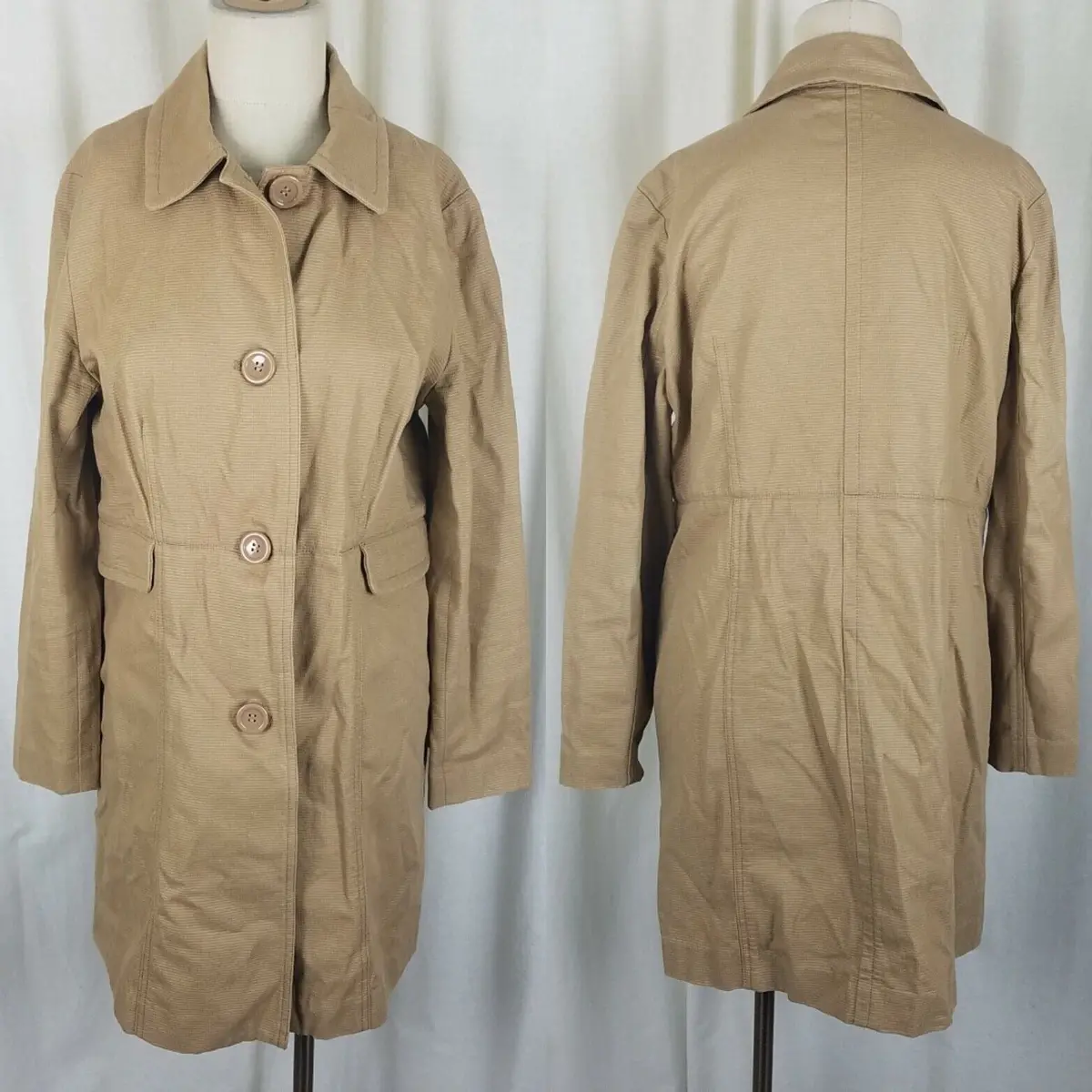 Vintage Valerie Stevens Midi Trench Coat Womens M Tan Khaki Camel Peacoat Cotton 1