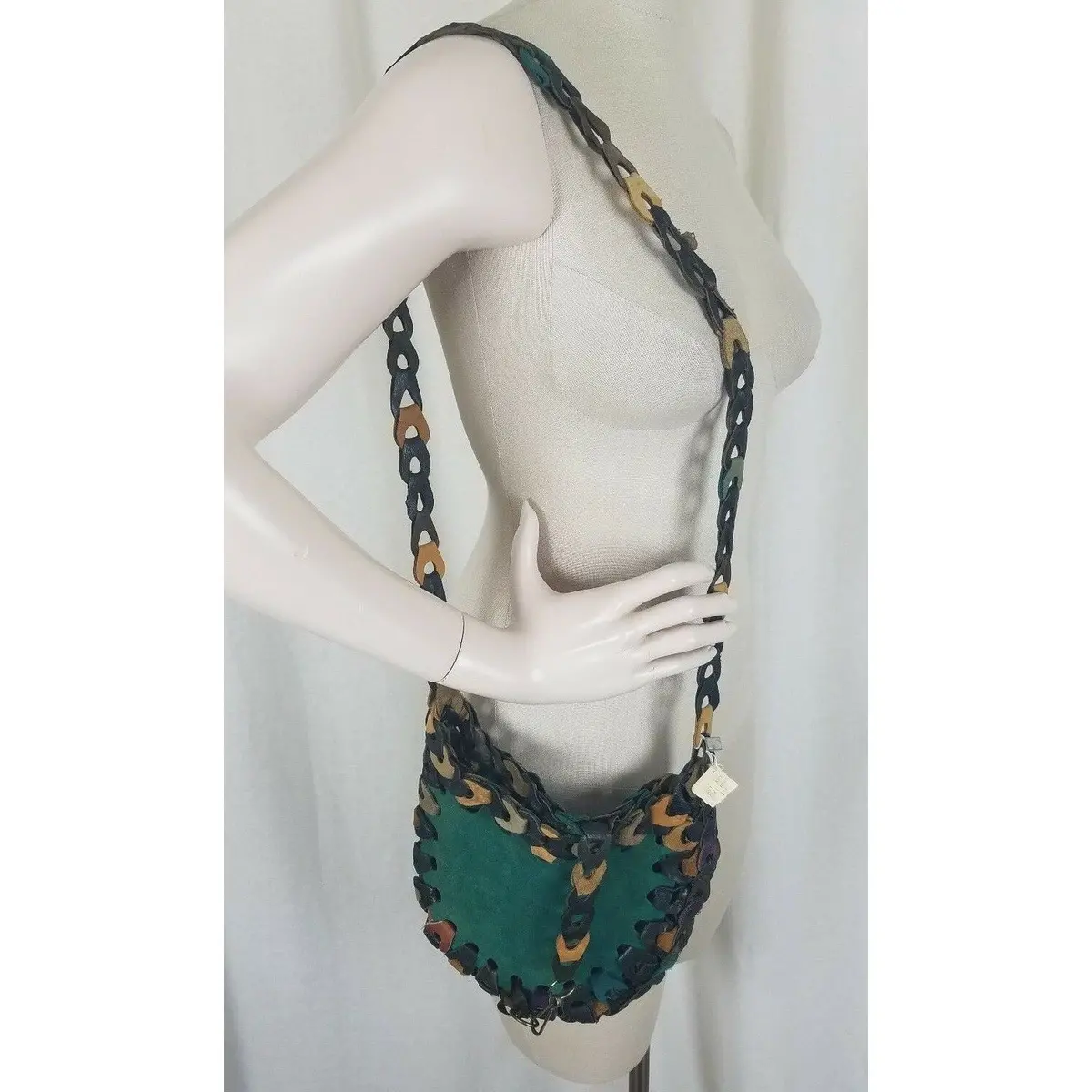 King's Green Leather Suede Hippie Boho Shoulder Bag Purse Handbag Nos Black Tan 1
