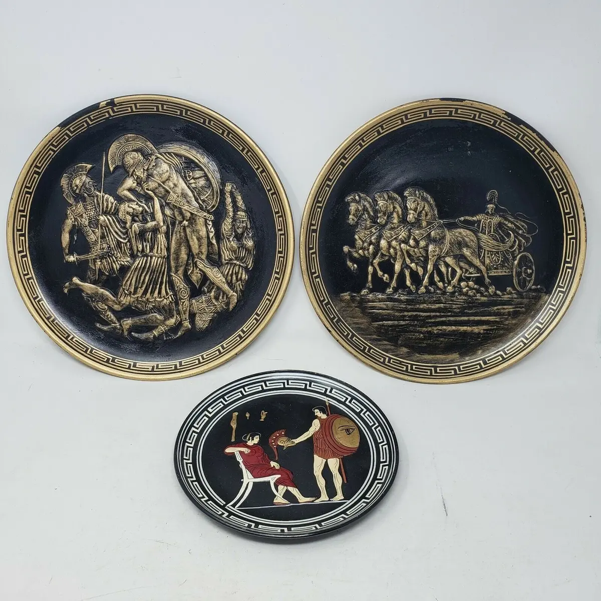 Vintage Greek Hand Made Fig Warrior Terracotta Pottery Plates Lot 3 Chariot Lg 1