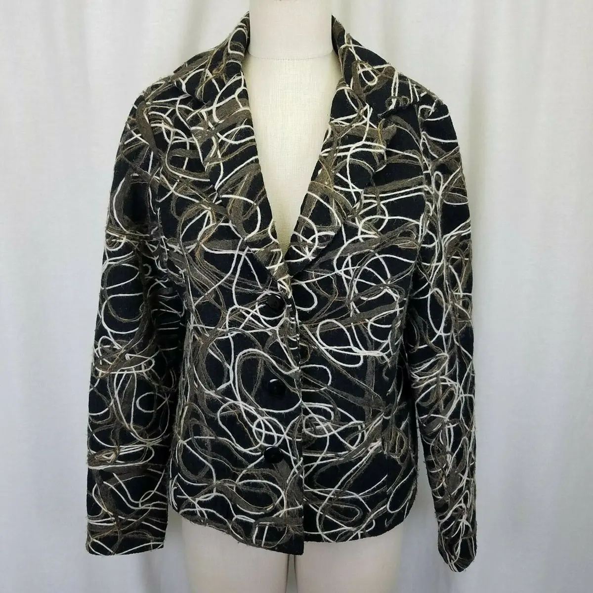 Weavz Felted Wool Cotton Embellished Jacket Womens M Artsy Art To Wear Black 1