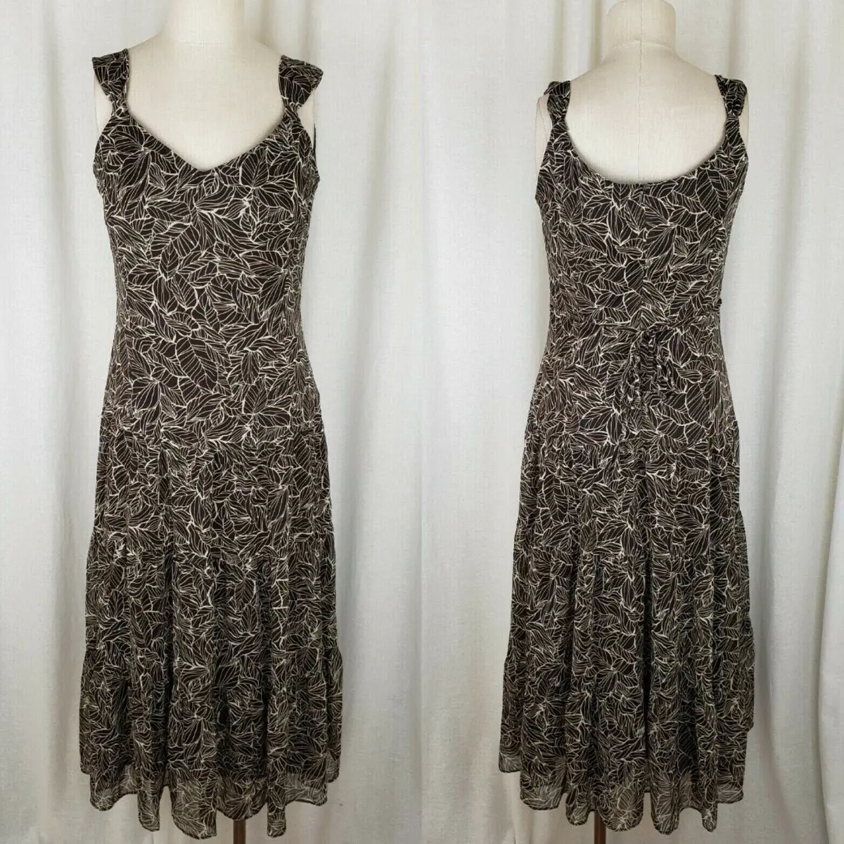 Coldwater Creek Sexy Summer Maxi Dress Womens 6 Flowing Boho Leaf Print Brown 1