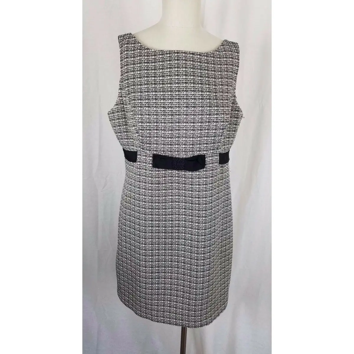 Jones Wear Dress Black & White Woven Mottled Tweed Belted Empire Waist Womens 14 1