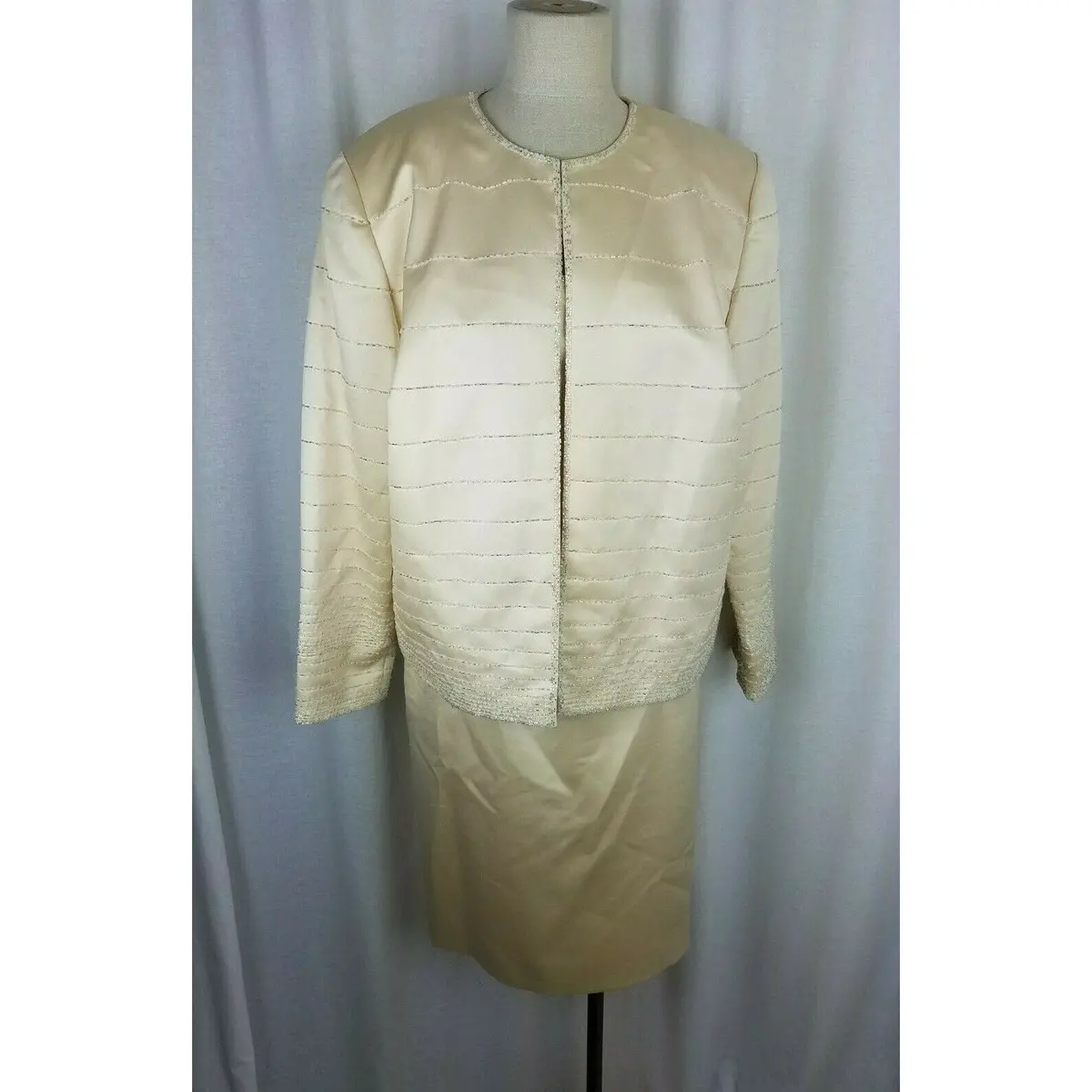 Zola Evening 3 Piece Satin Sheen Jacket Skirt Blouse Set Outfit Womens L Formal 1