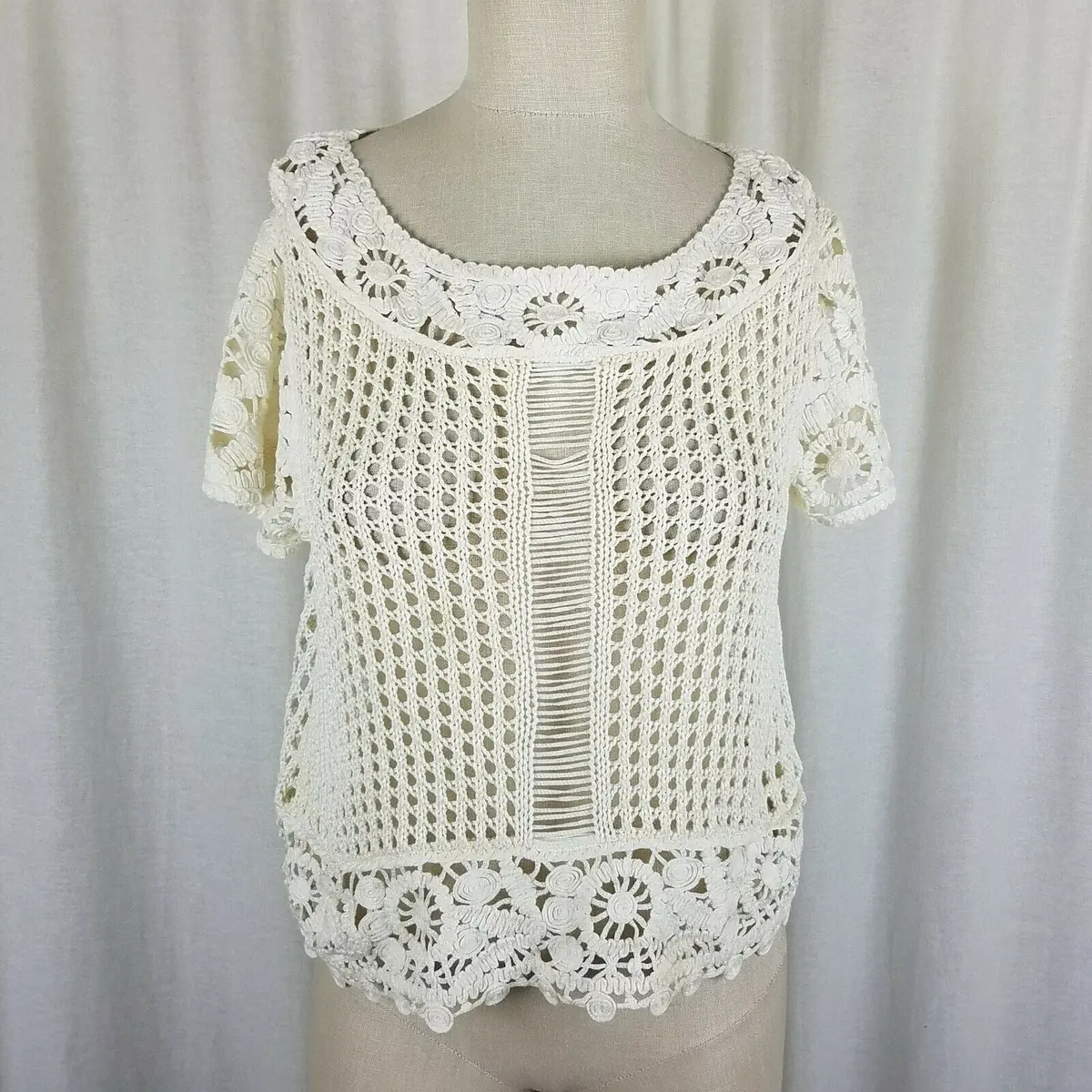 Short Sleeve Floral Crochet Loose Knit Sweater Top Tunic Womens S M Ivory Cream 1