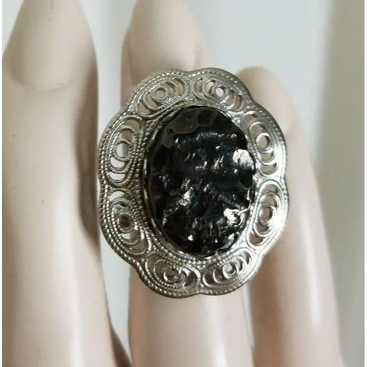 Oval Polished Black Coal Look Adjustable Ring Womens One Size Band Faceted Frame 1