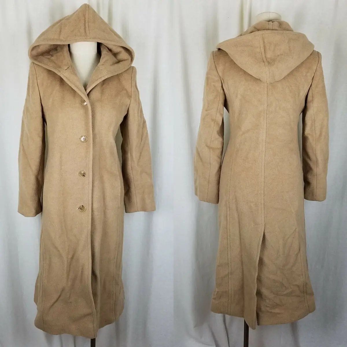 Vintage Jones New York Petites Mohair Wool Hooded Maxi Camel Peacoat Womens 4P 1