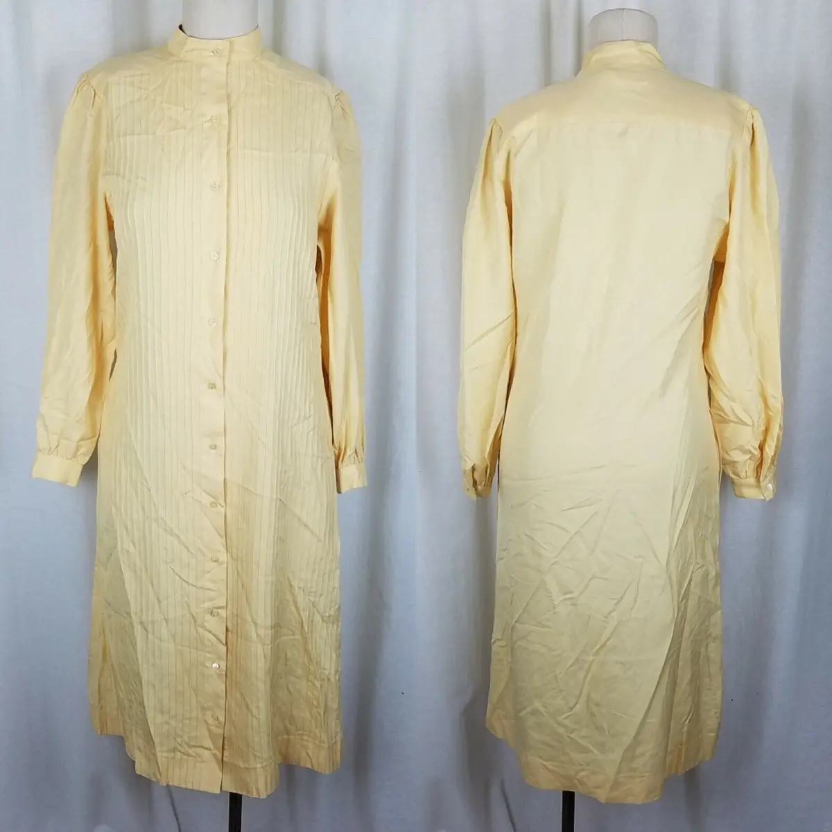 Vintage Casi Yellow Silk Full Button Up Shirt Dress Jumper Womens 6 Long Sleeve 1