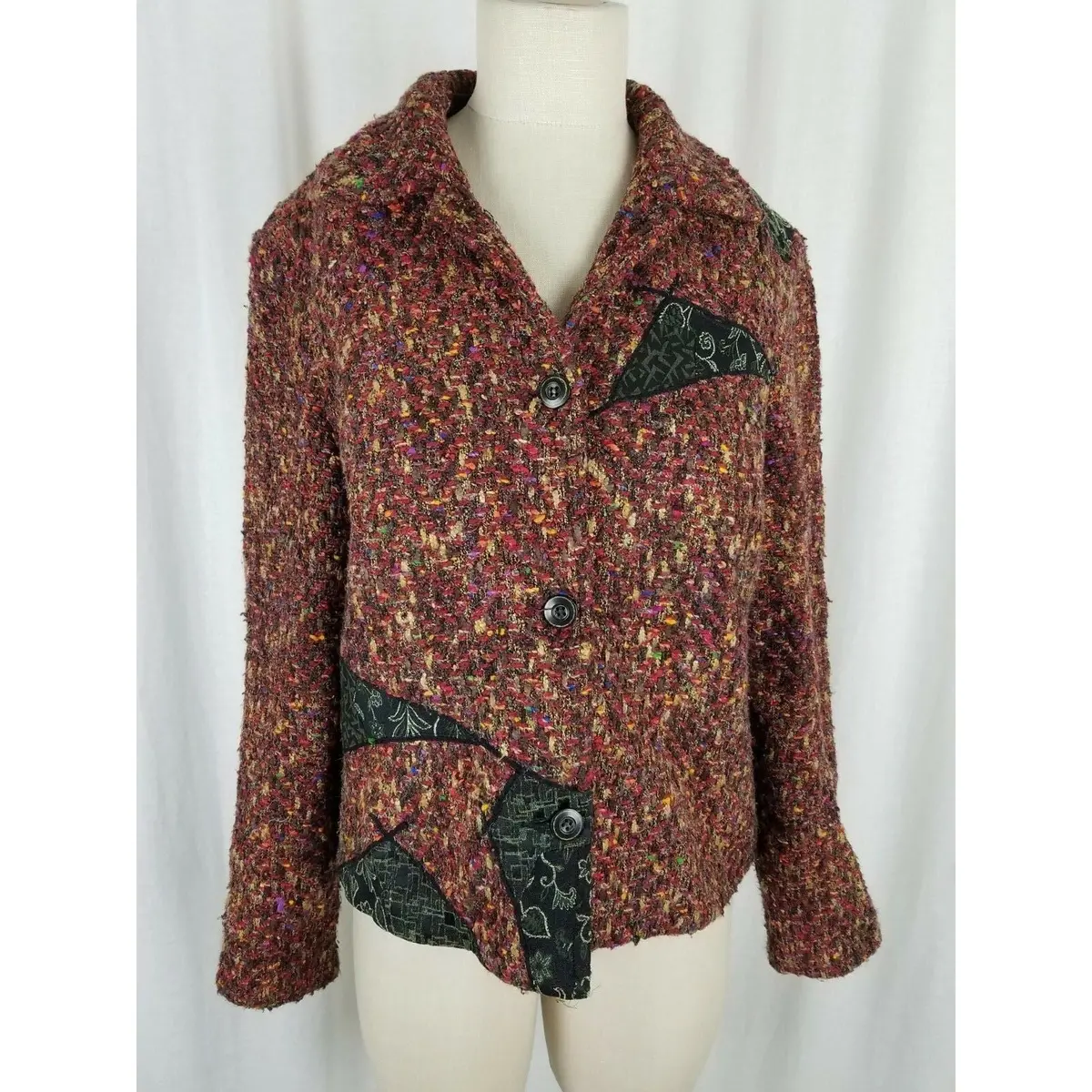 Vintage 80S Canvasbacks Wool Silk Patchwork Art To Wear Woven Jacket Womens 14 1