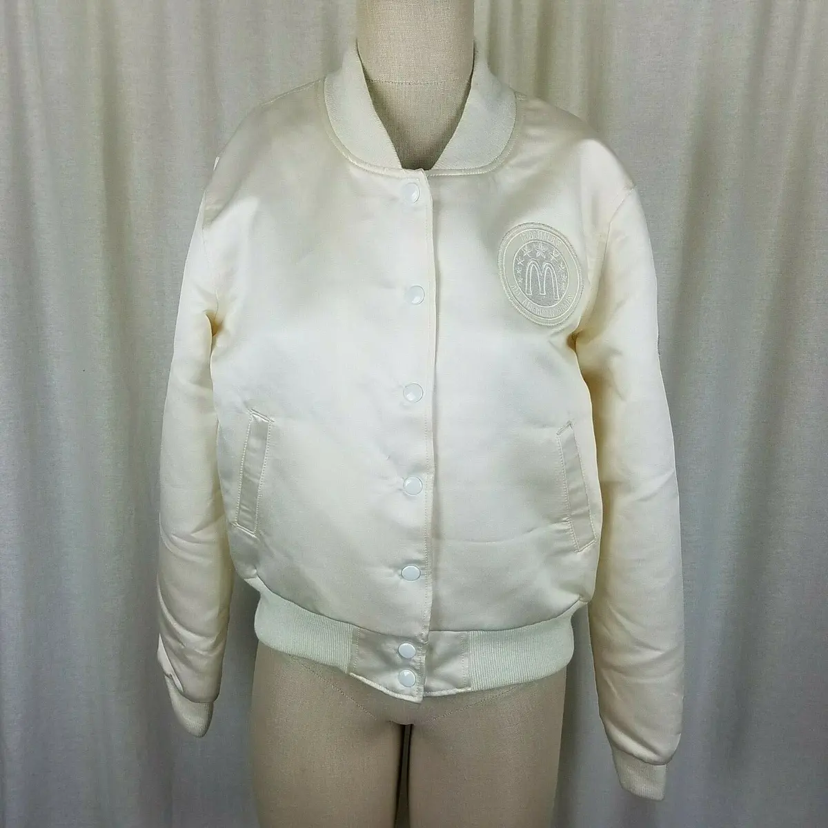 Adidas X Dehen Mcdonalds Silky Satin Bomber Baseball Jacket Womens L Ivory Usa 1