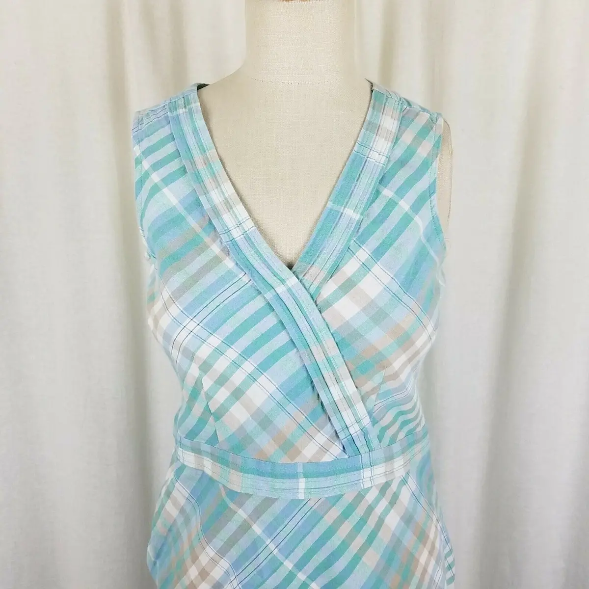 Ll Bean Linen Cotton Blue Green Plaid Faux Wrap Dress Summer Womens 4 2