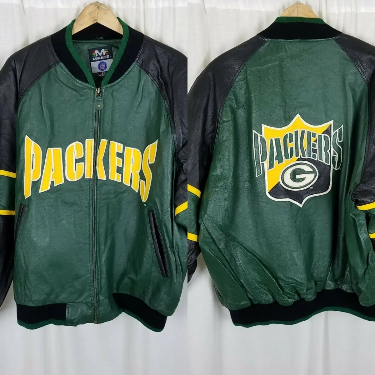 Vintage Mirage Green Bay Packers Leather Double Sided Bomber Jacket Mens Xl Nfl 1