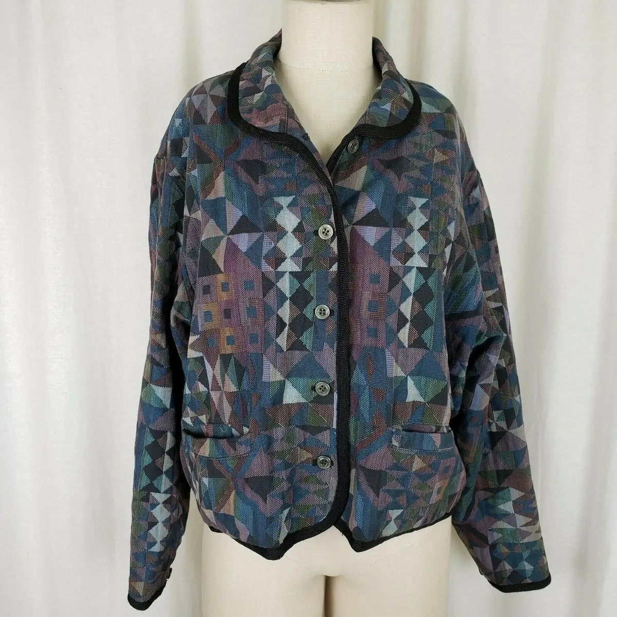 Ll Bean Woven Tapestry Cotton Prism Cropped Jacket Blazer Womens L Button Up Usa 1