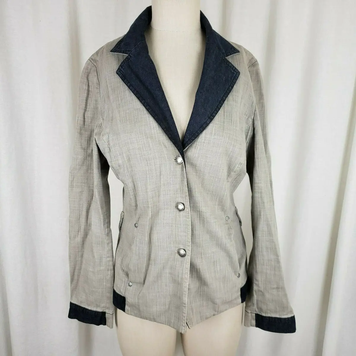 Bison Woman Raw Romance Gray Blue Crosshatched Jean Denim Blazer Jacket Womens M 1