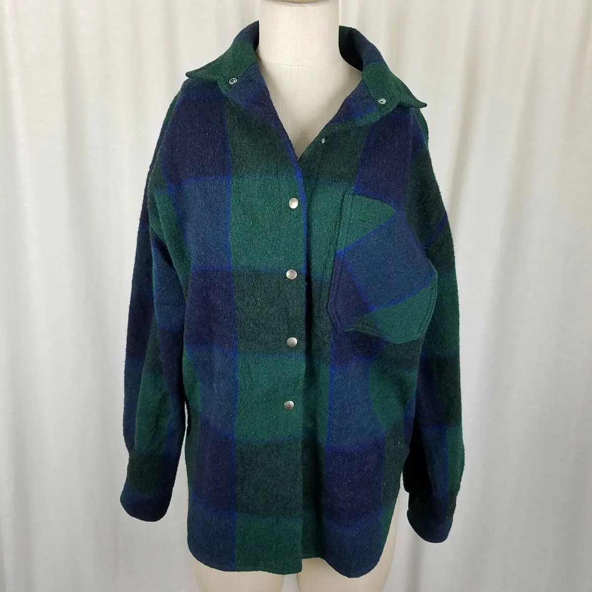 Jack Winter Buffalo Plaid Wool Flannel Snap Up Top Shirt Womens M Blue Green 1