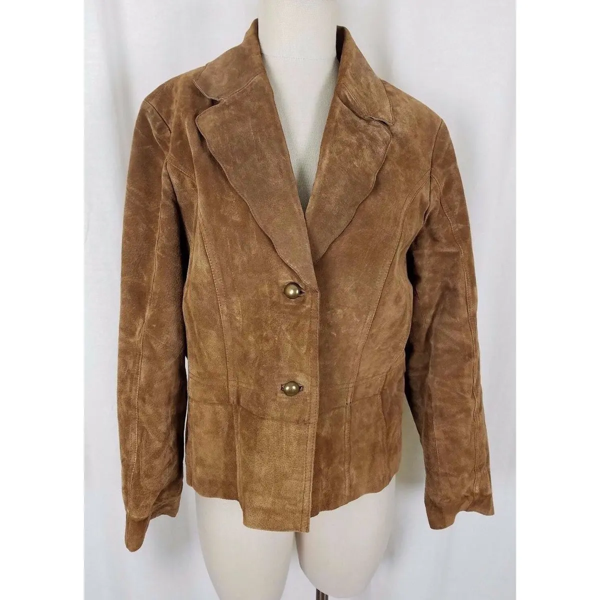 Coldwater Creek Brown Leather Suede Full Button Up Blazer Style Jacket Womens L 1