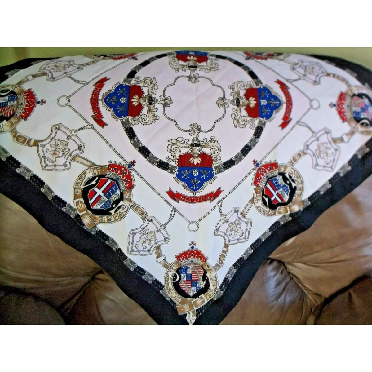 Vintage Silky Satin Weimann Scarf Head Wrap Shawl Royal Crest Japan 31X29 Square 1