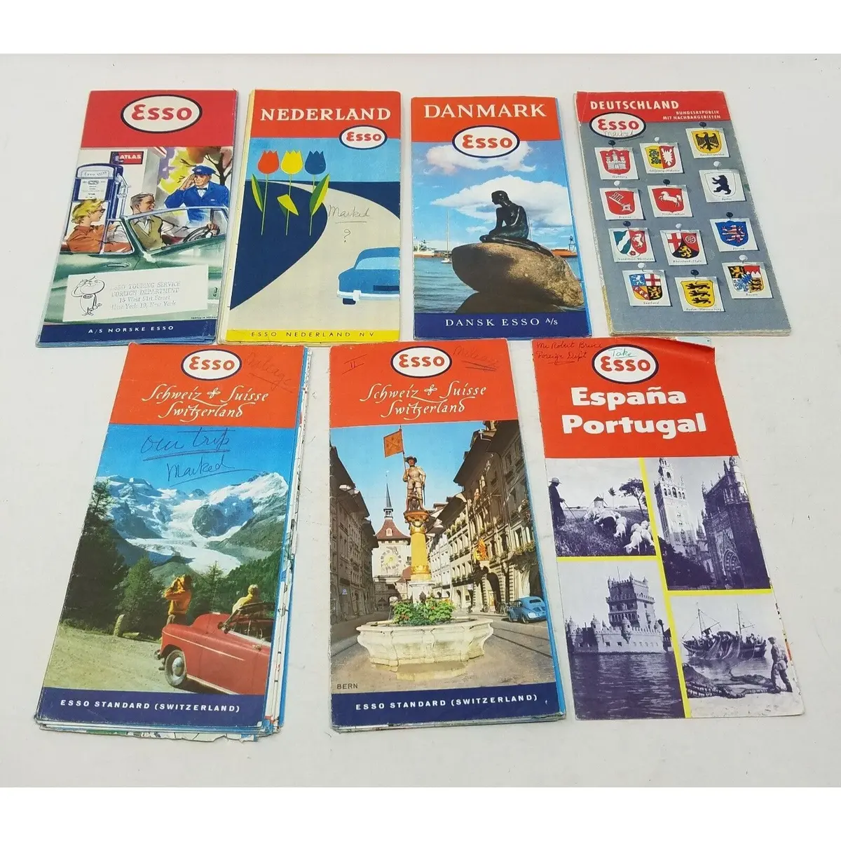 Esso Standard European Maps Lot Of 7 Mid Century Danmark Nederland Swisse Espana 1