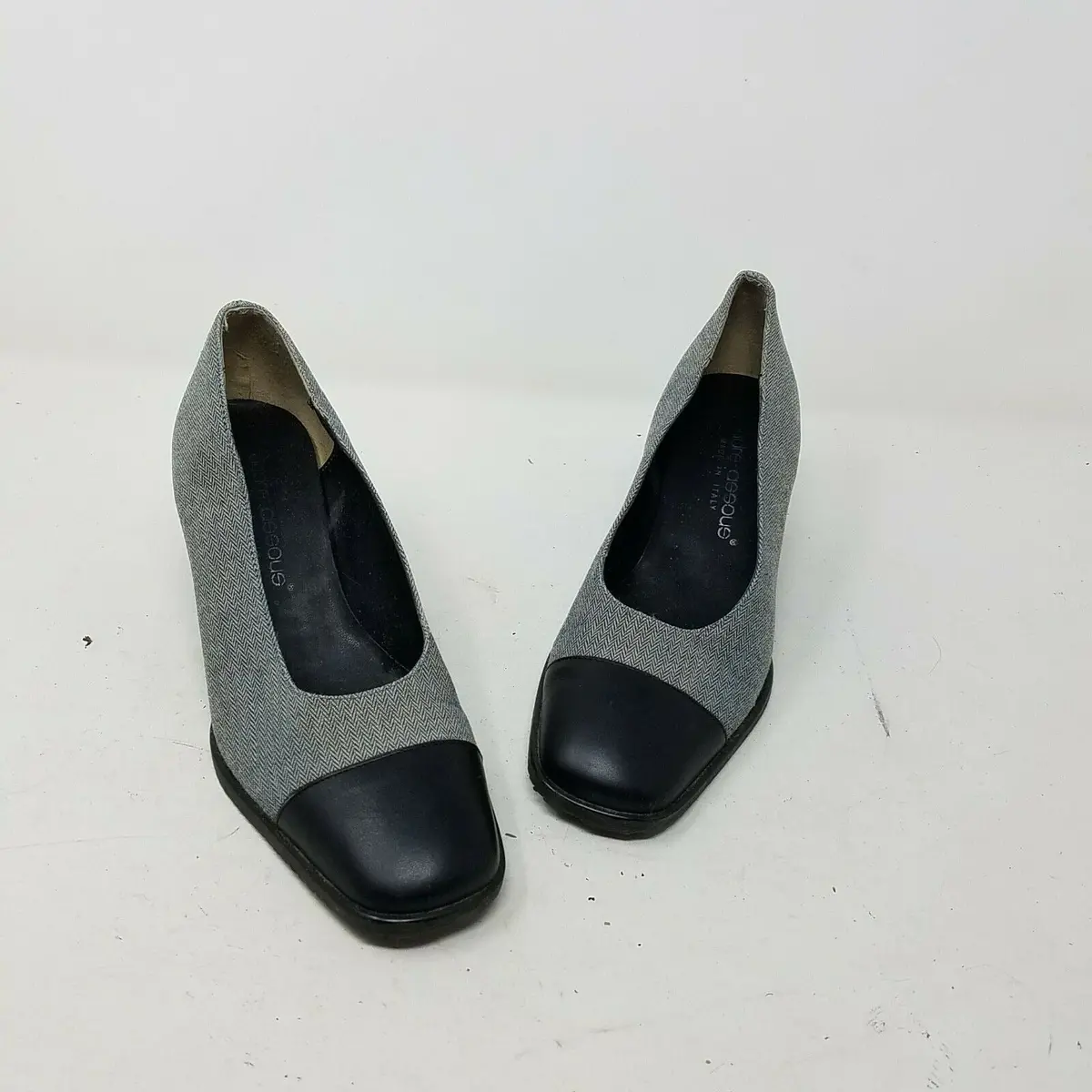 Andre Assous Navy Blue Herringbone Colorblock Wedge Heels Womens 6.5 B Italy 1