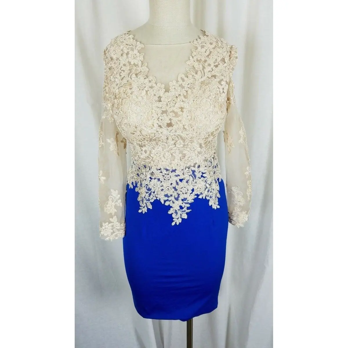 Vintage Nude Lace Cobalt Blue Dress Formal Cocktail Party Womens S Fitted Sexy 1
