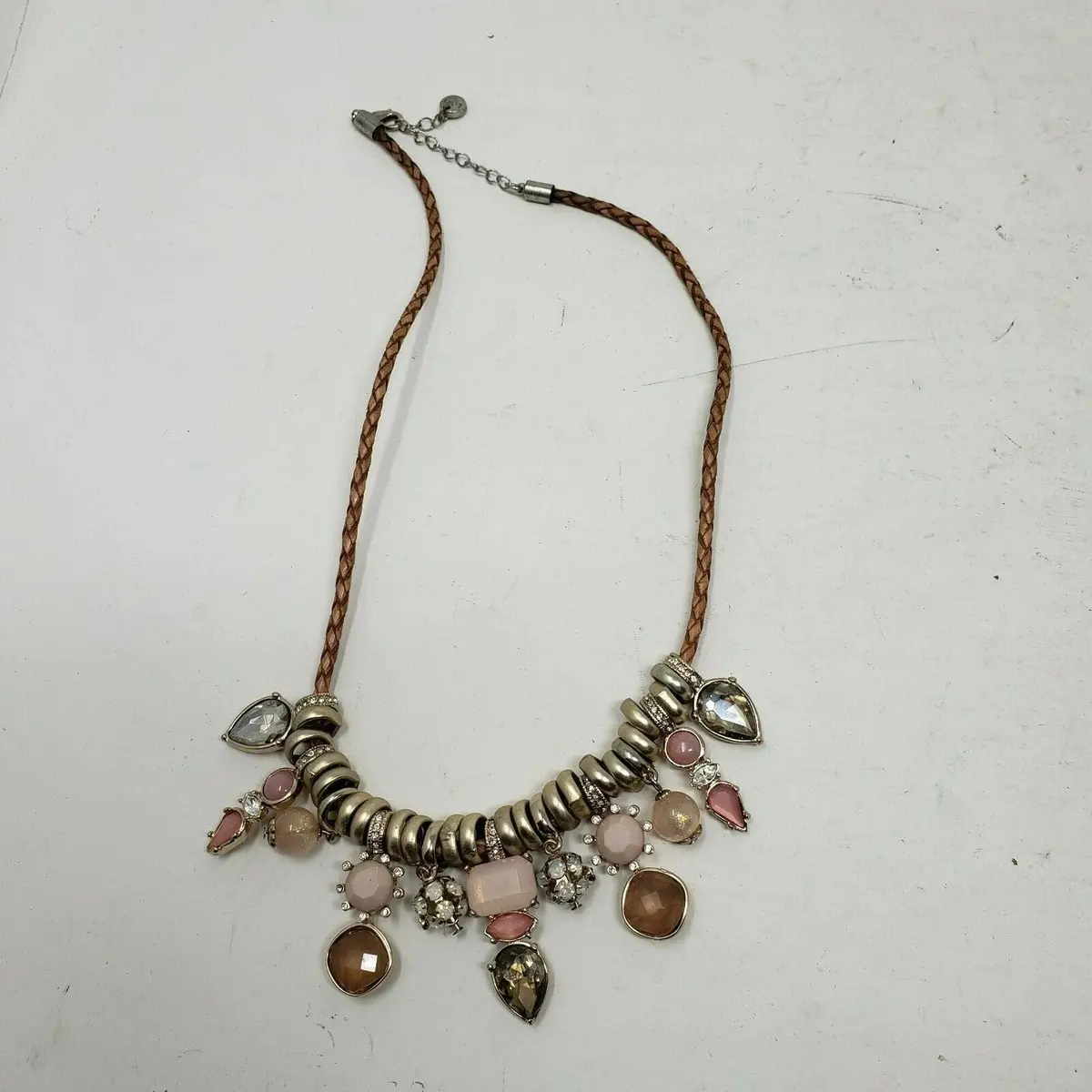 Ann Taylor Loft Dangle Charms Leather Statement Necklace Contemporary Bib Choker 1