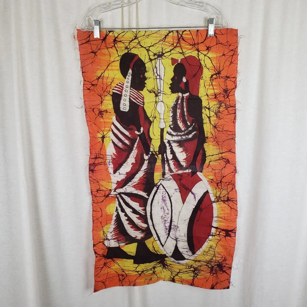 Vtg African Warriors Batik Fabric Wall Art Wax Textile Signed Chege Double Sided 1