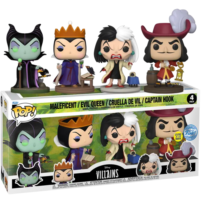Funko Pop Disney Villains Maleficent, Evil Queen, Cruella De Vil, Captain Hook Glow-In-The-Dark 4-Pack Low Stock 1