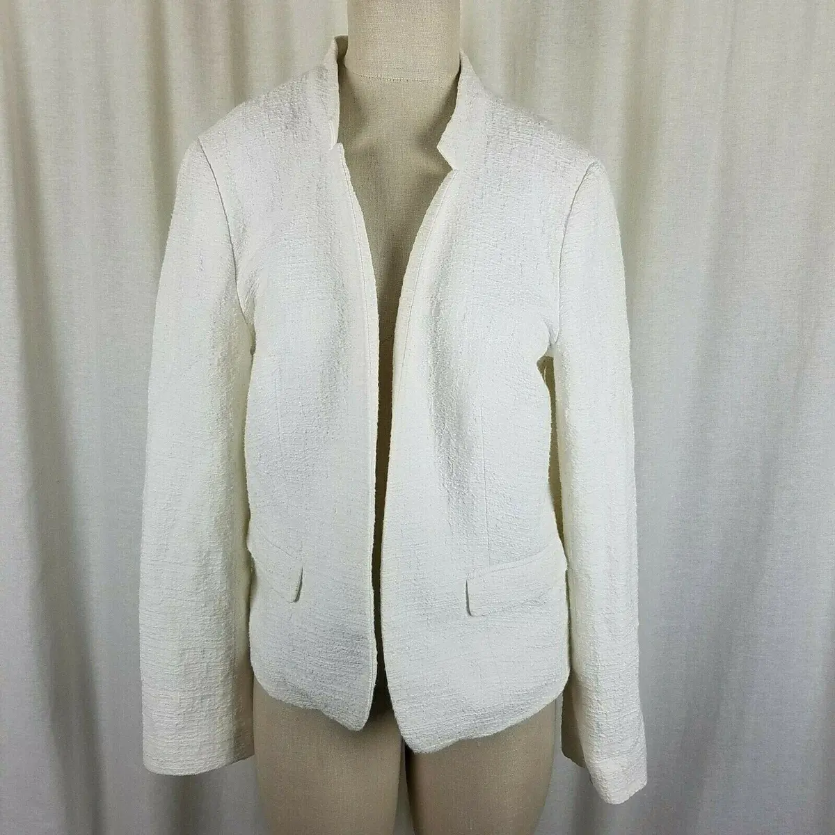 Ann Taylor Loft Open Front Woven Crosshatch White Cotton Jacket Womens 12 1