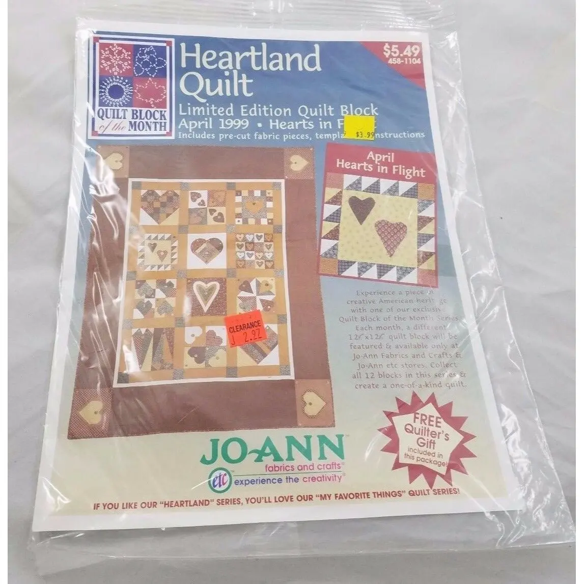 Joann Heartland Quilt Block Of The Month April 1999 Hearts In Flight Sealed Kit 1