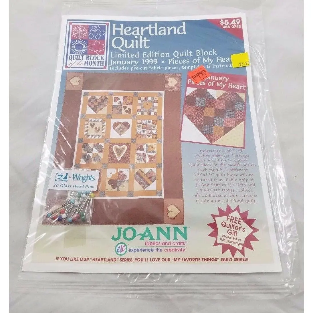 Joann Heartland Quilt Block Of The Month January 1999 Pieces Of My Heart Sealed 1