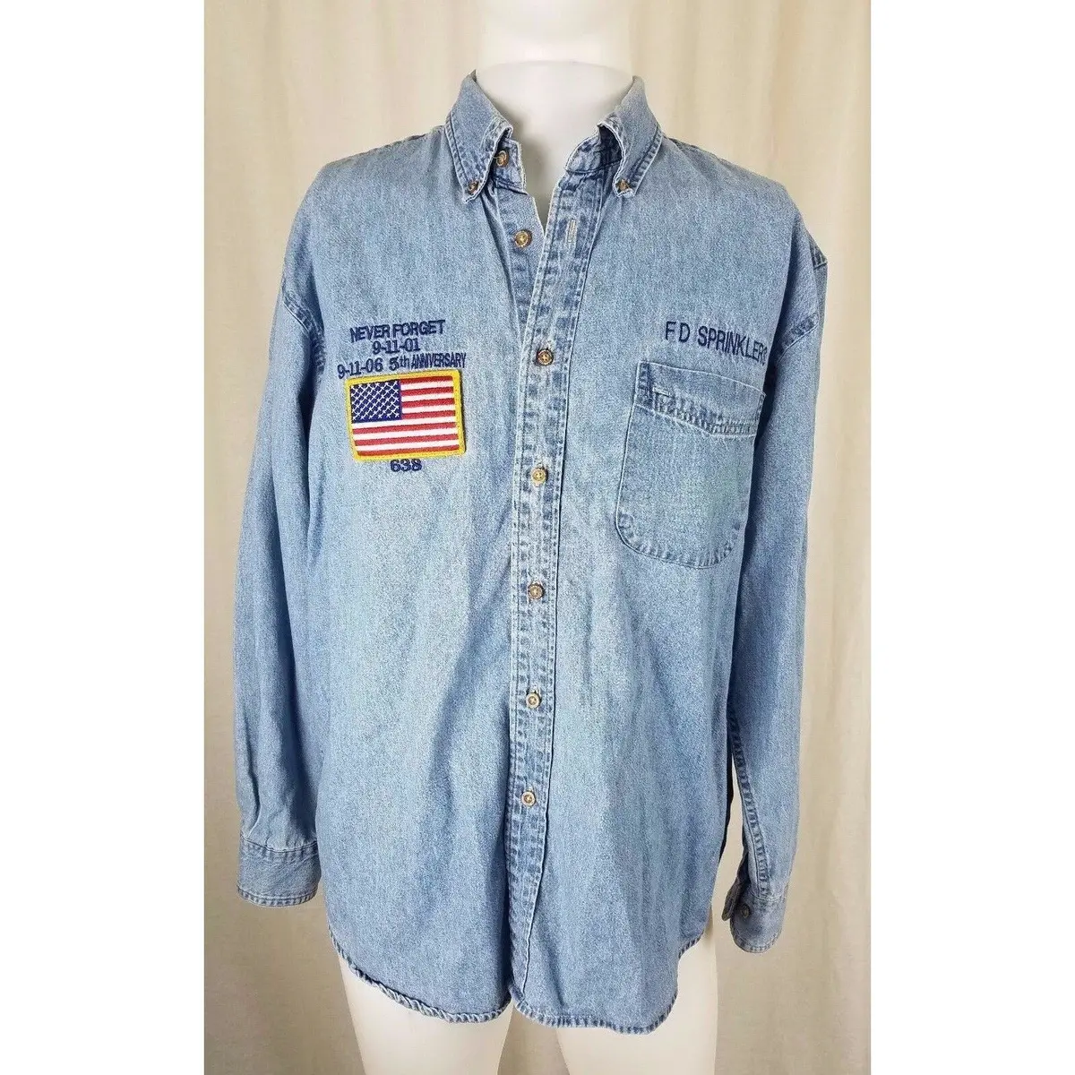 Fd Sprinklers Never Forget September 11Th 911 Denim Shirt 5Th Anniversary Mens L 1