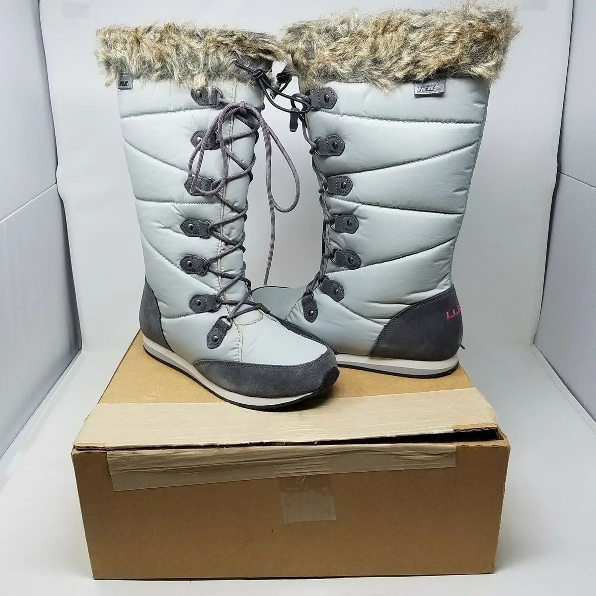 Ll Bean Carrabassett Snow Tall Boots Women 7.5 Pewter Insulated Waterproof Fur 1