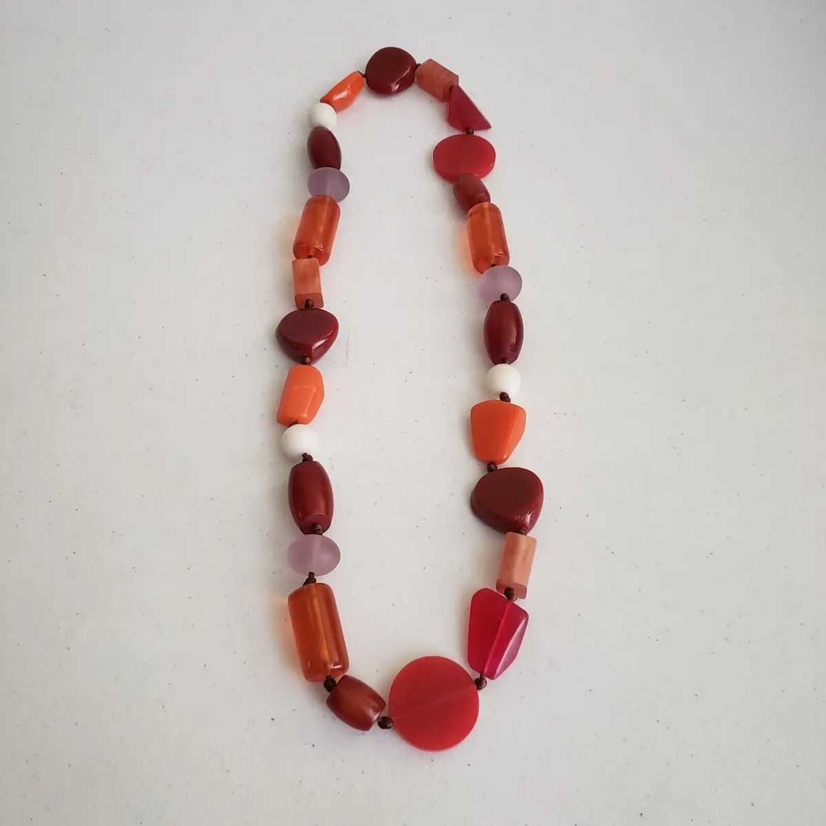 Vintage Chunky Celluloid Resin Beaded Necklace Leather Knot Beads Red Orange 1