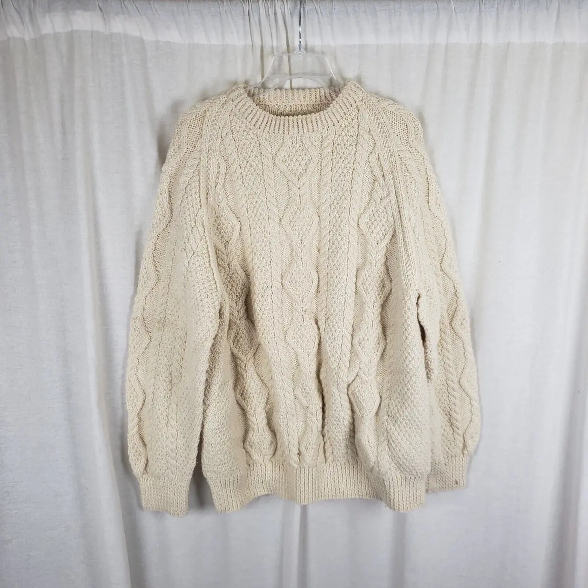 Vintage Handmade 90S Fisherman Cable Knit Wool Aran Sweater Mens Size L Xl Cream 1