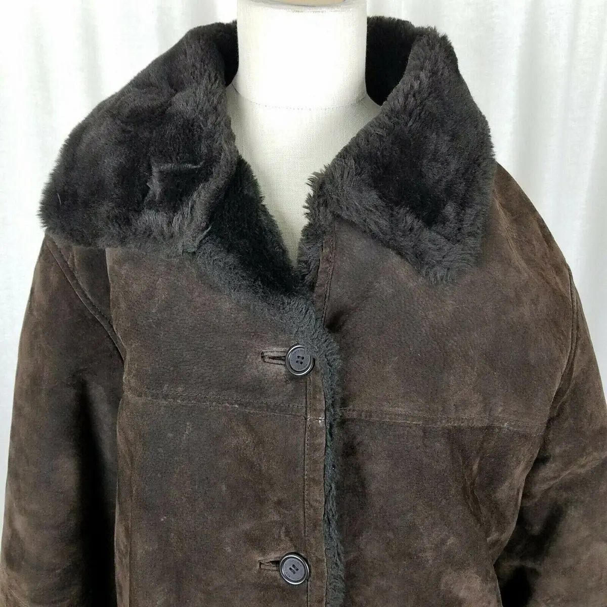 Jones New York Leather Faux Shearling Sherpa Berber Deep Pile Fur Peacoat M 1