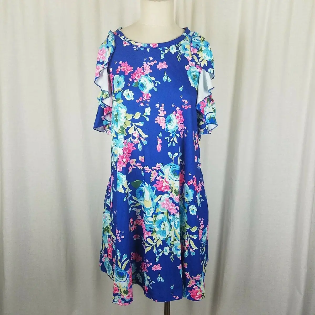 Floral Baby Doll Twirl Ruffles Sleeves Mini Tunic Dress Womens 2Xl Stretch Blue 1