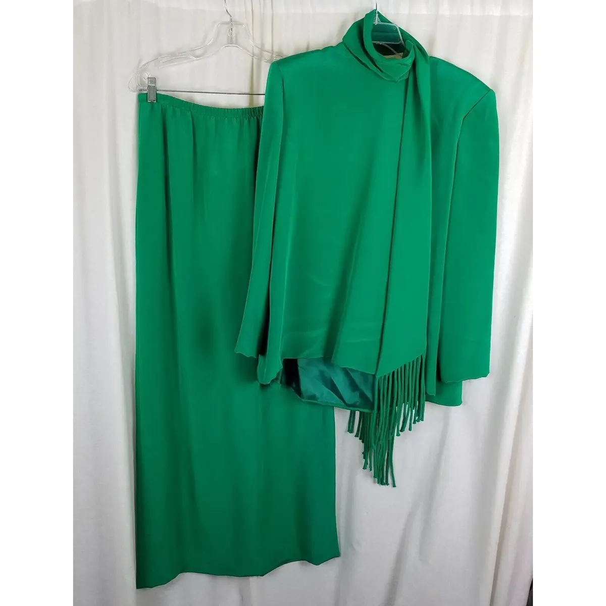 Mark Heister Silk Maxi Skirt Suit Scarf Formal Holiday Emerald Green Womens Sz L 1