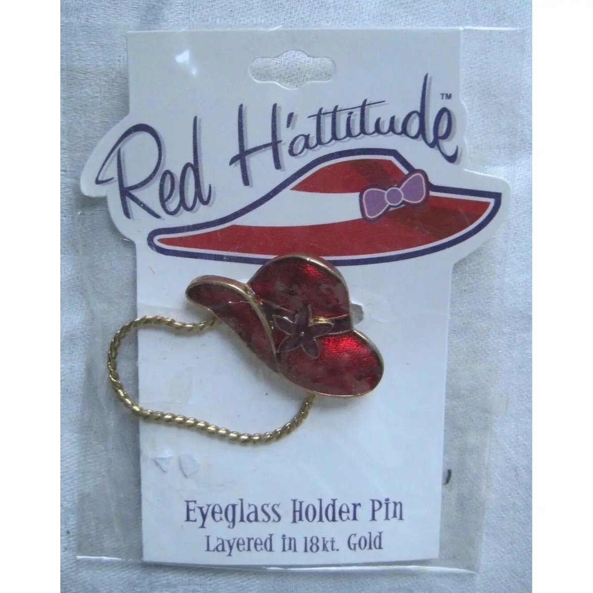 Red Hattitude Hat Society Eyeglass Holder Pin Brooch 18 Kt Gold Finish Flower 1