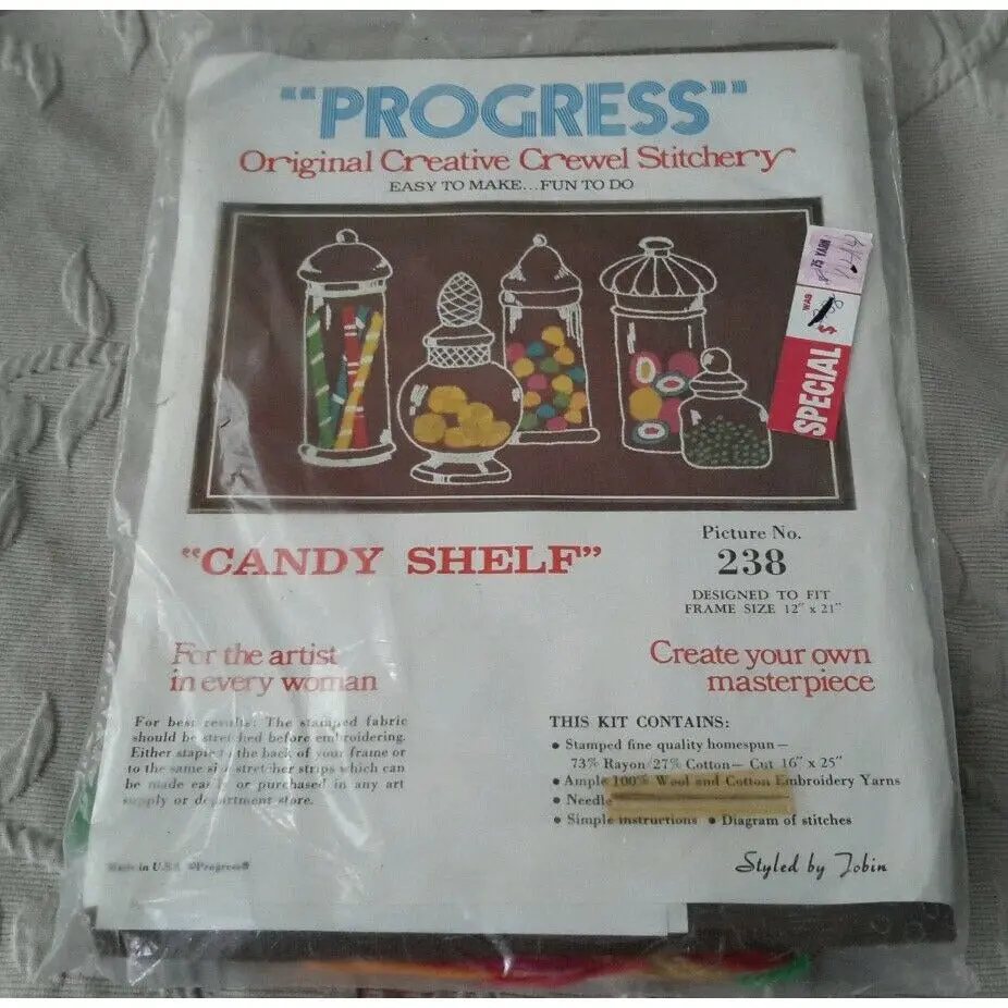 Vintage Nos Progress Creative Crewel Stitchery Candy Shelf 238 Kitsch Embroidery 1