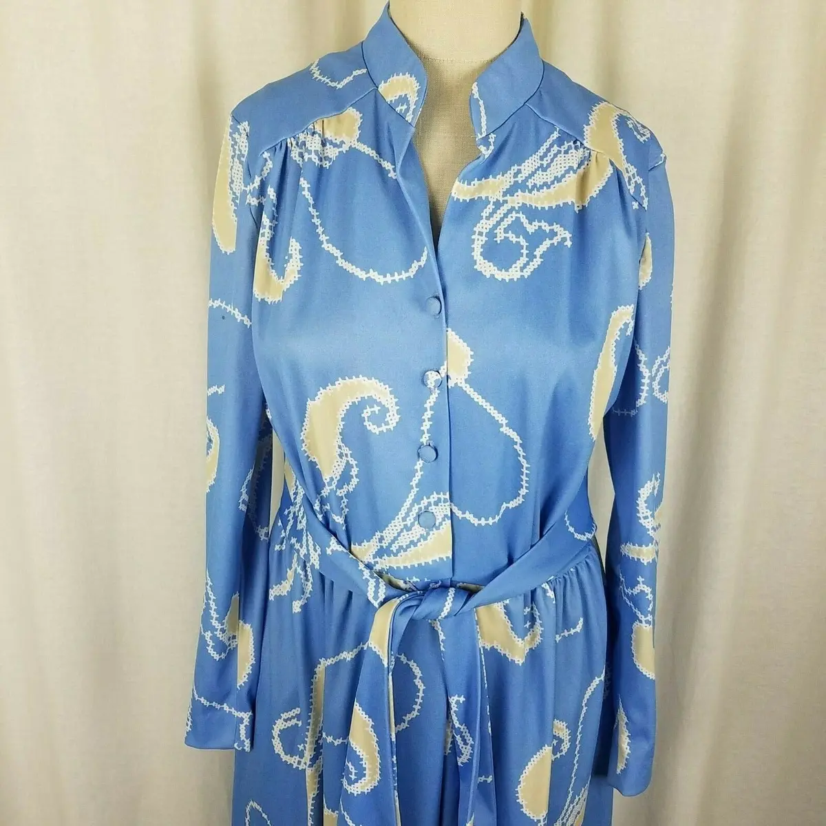 Vintage 70S Hal Ferman Long Maxi Hawaiian Paisley House Dress Womens 16 Nos Blue 2