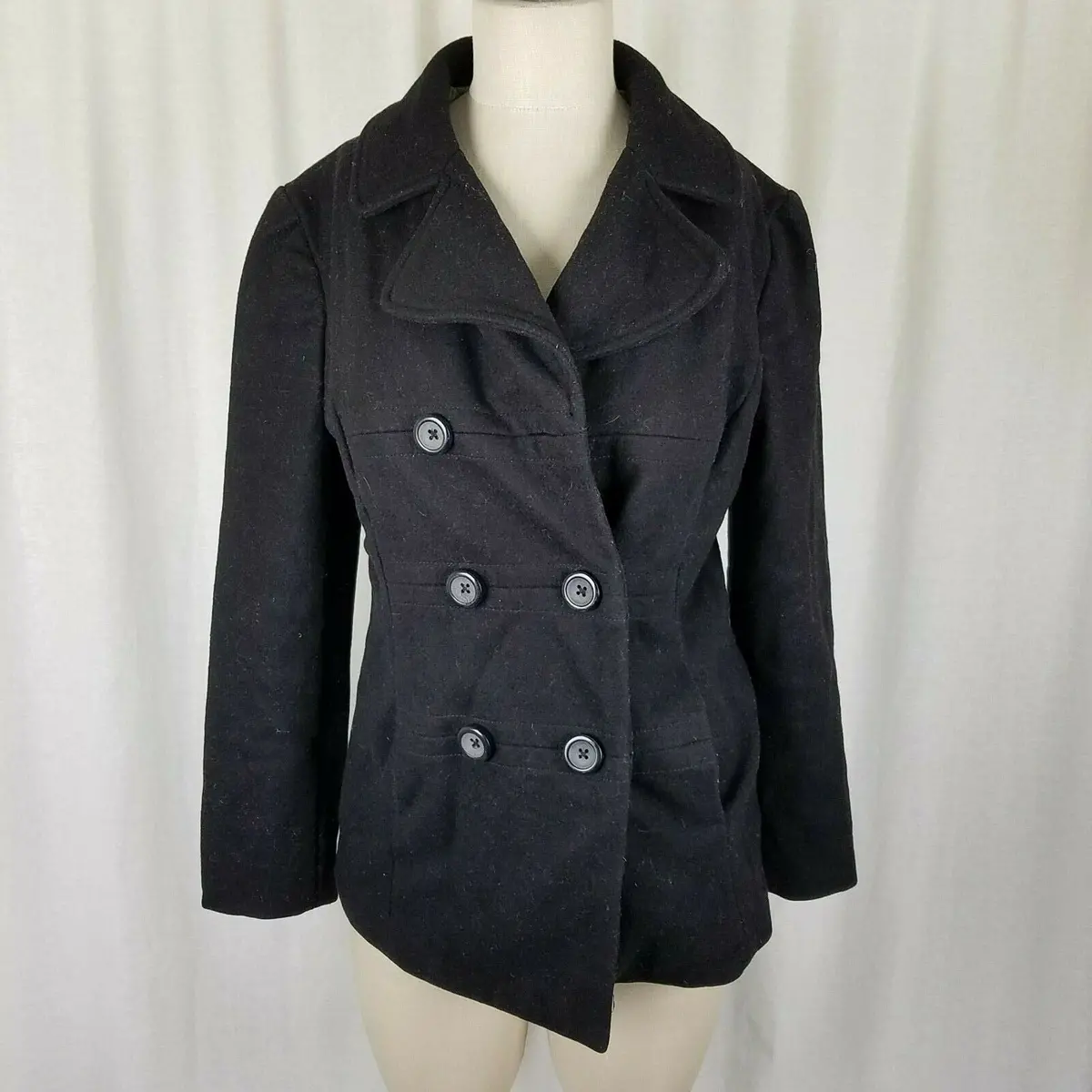 Gap Virgin Wool Double Breasted Navy Peacoat Jacket Short Coat Womens M Black 1