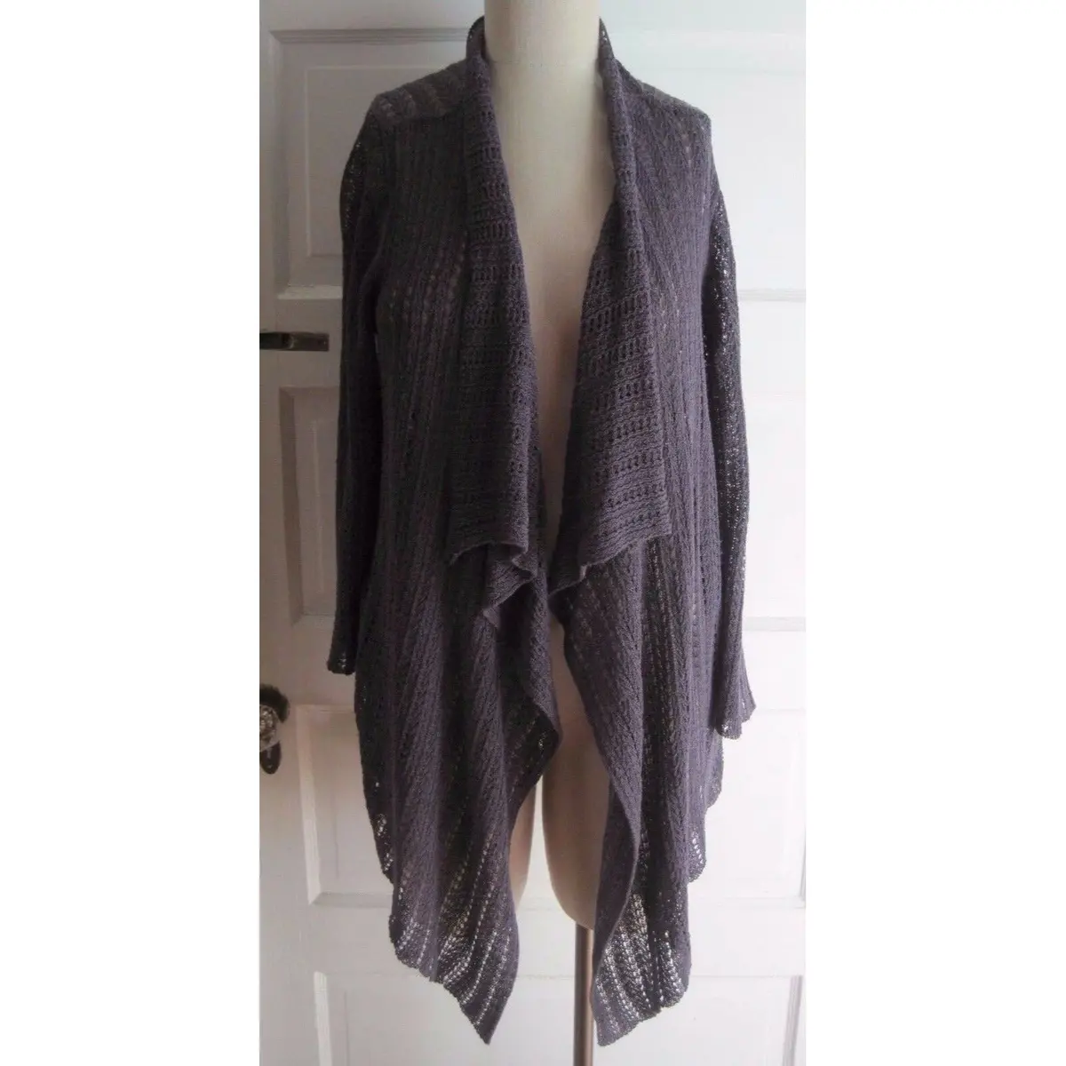 Coldwater Creek Crochet Knit Asymmetrical Open Front Wrap Shawl Swing Sweater M 1