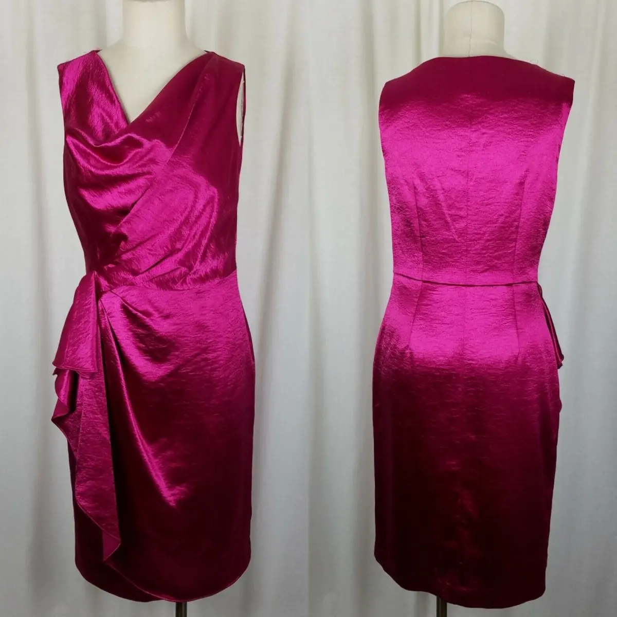 Anne Klein Drape Dress Satin Wiggle Plunge Faux Wrap Look Womens 6 Metallic Pink 1