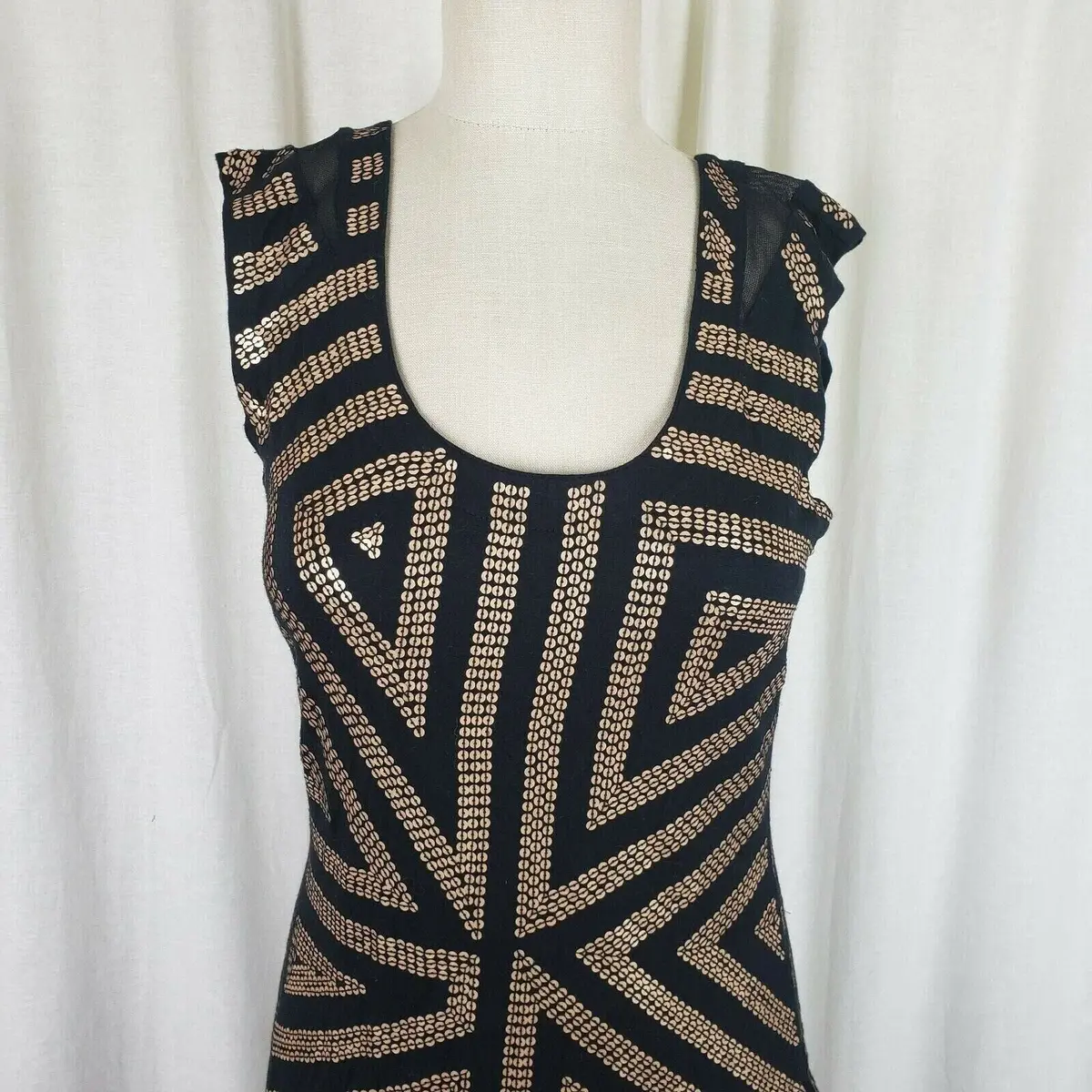Express Gold Sequined Sheer Fitted Black Sexy Bodycon Party Dress Womens S 2